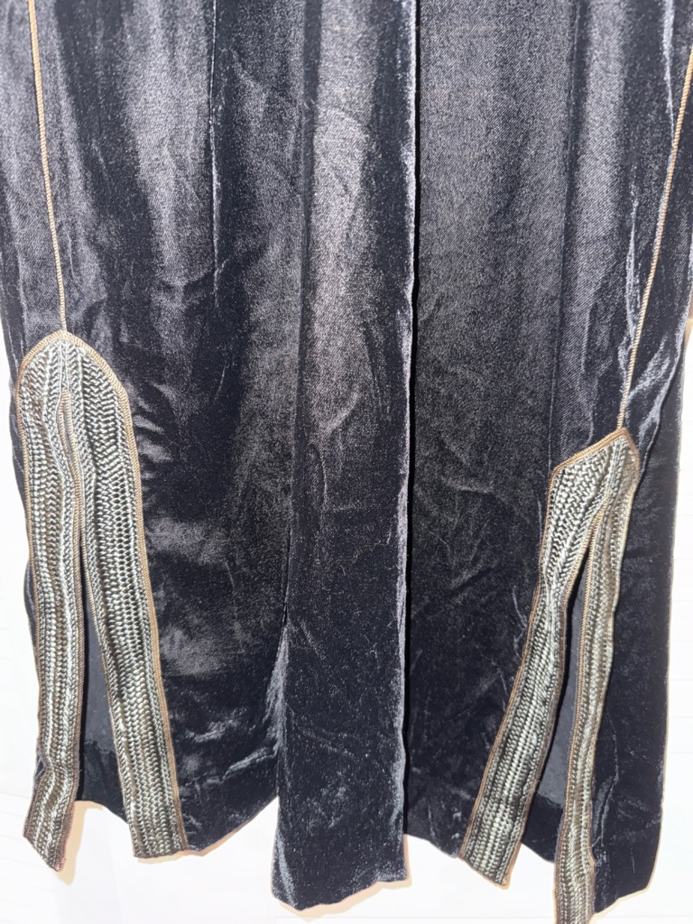 Black Velvet Long Coat with Ornate Gold-Tone Trim - Picture 9 of 16
